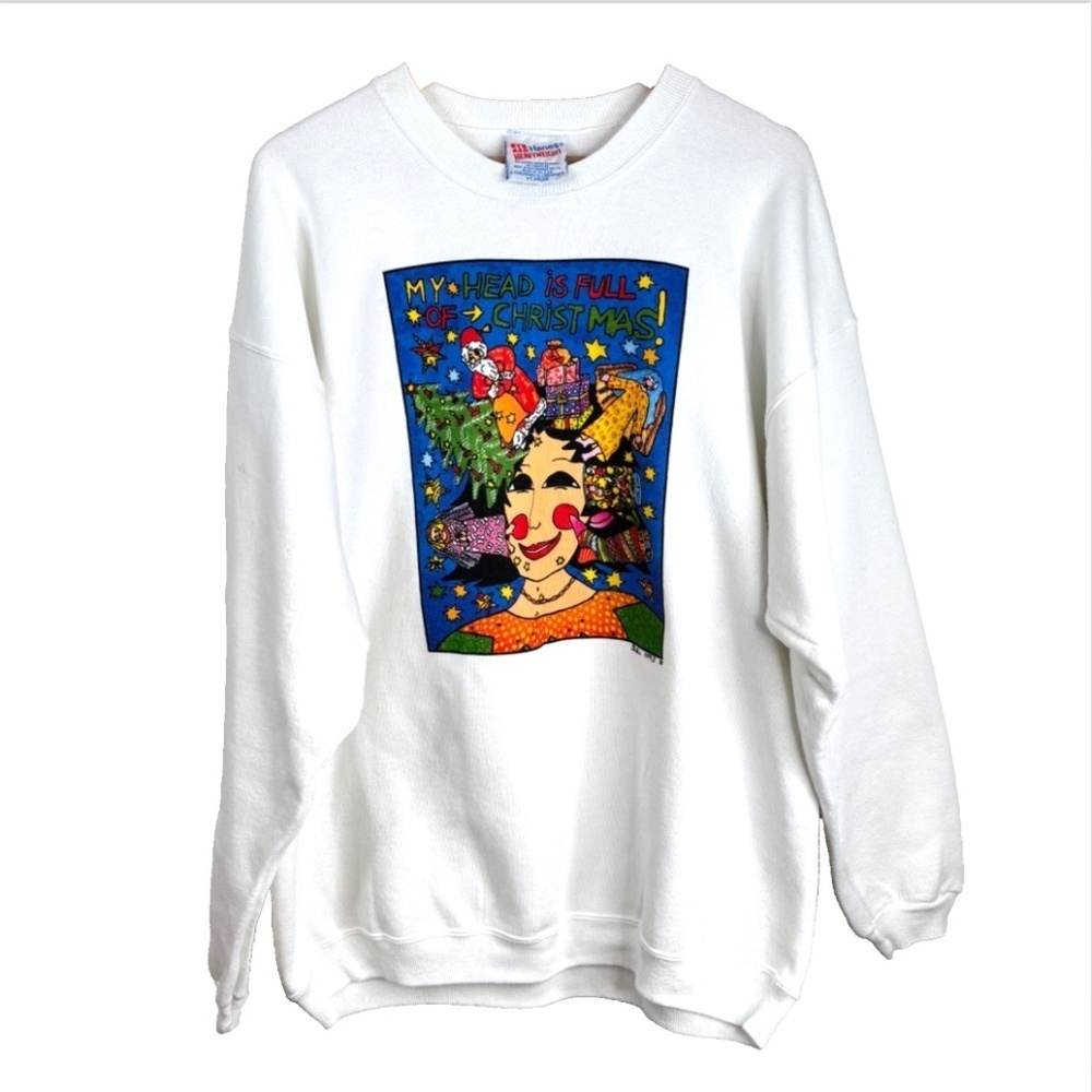 VTG 90s Kiki Suarez Sweatshirt Womens XL Head Is Full of Christmas 1993 Artsy